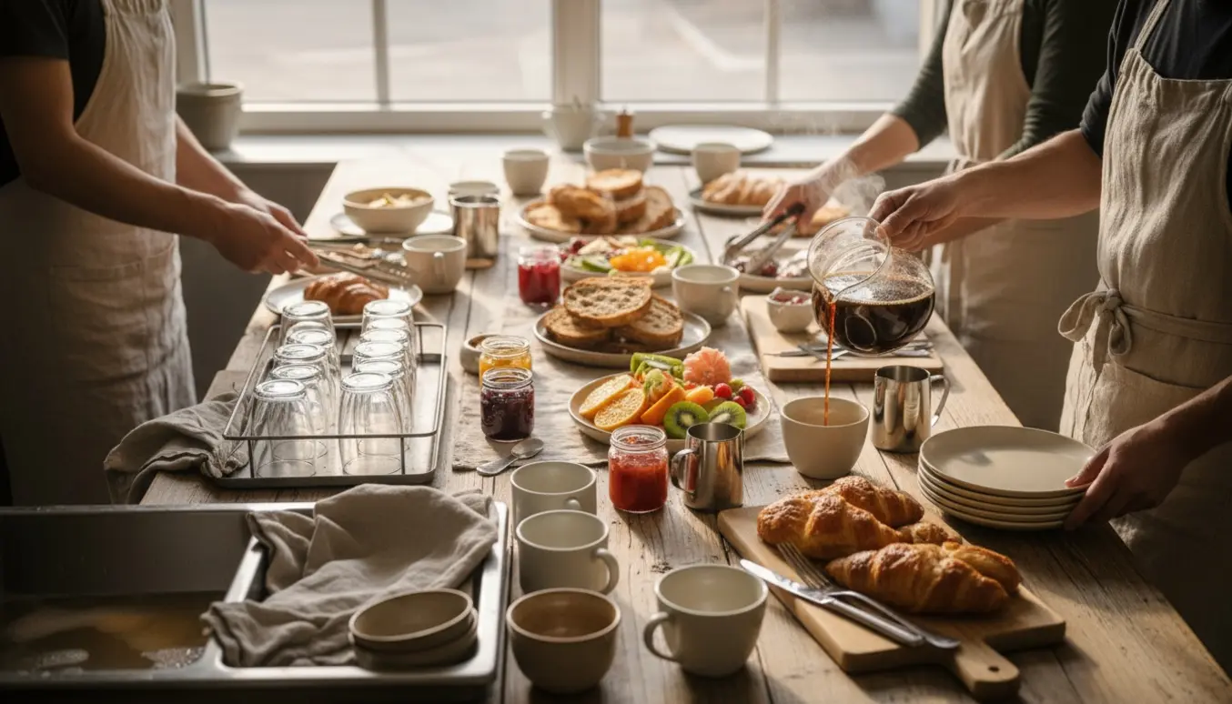 Morgenbord med brunchretter, en person i forklæde hælder kaffe og arrangerer tallerkener med opvask i baggrunden.