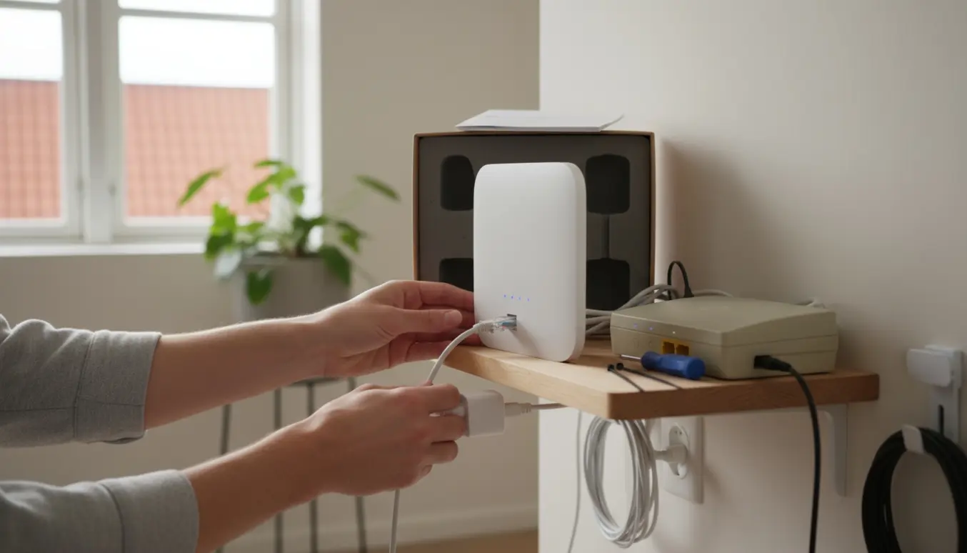 Hænder monterer en ny Wi‑Fi-router på en hylde i en lys stue med kabler og værktøj omkring.