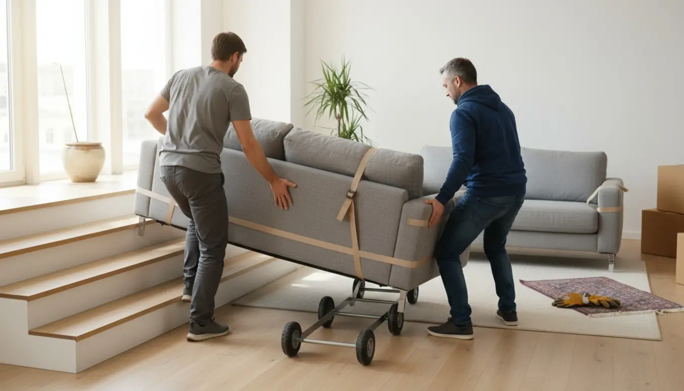 To flyttemedarbejdere bærer en trepersoners og en topersoners sofa ned ad en kort trappe i en lys stue.