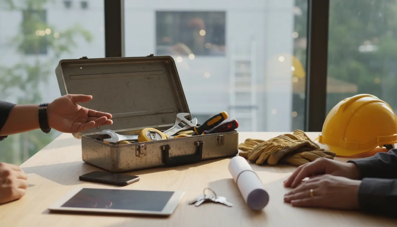 Arbejdsbord med værktøj, hjelm og tablet i planlægning af løbende vedligeholdelsesopgaver.