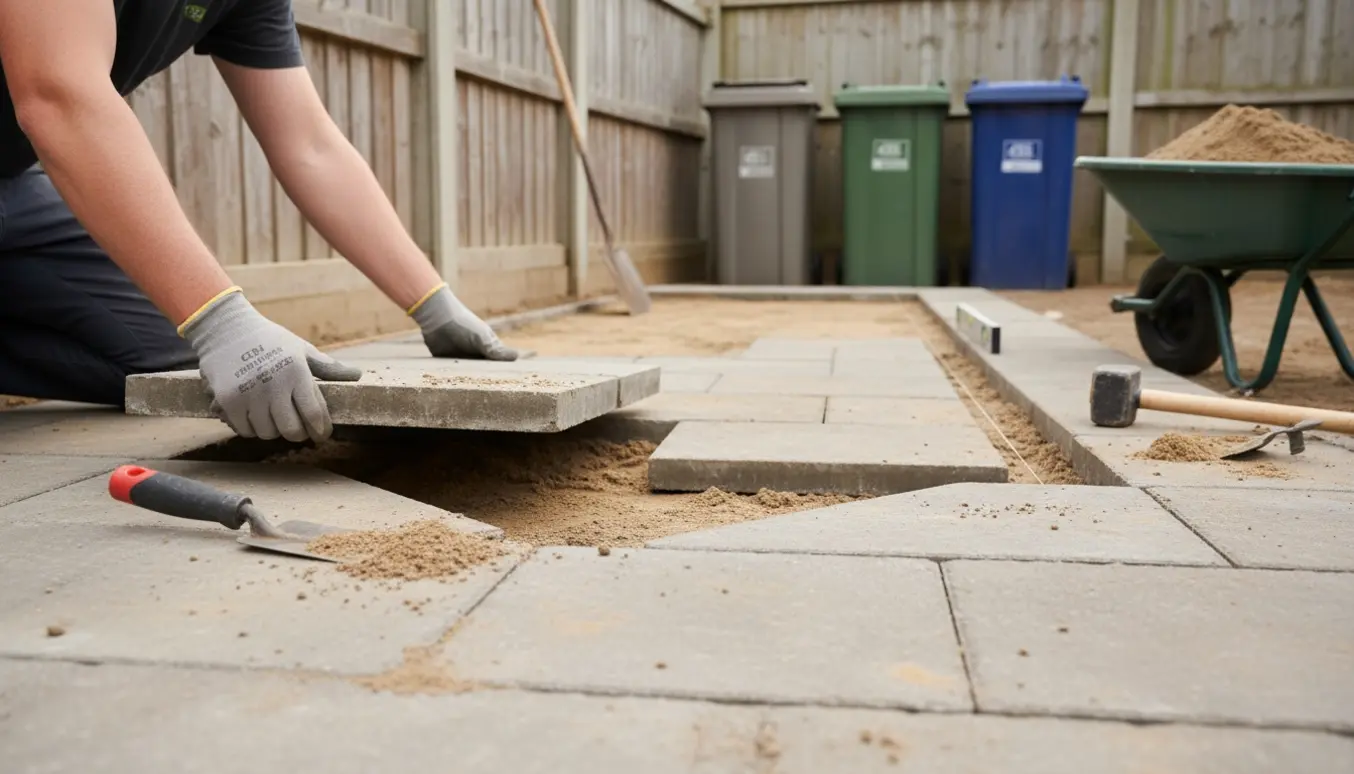 Hænder fjerner en hævet flise i forhaven, med nyudjævnet fliseareal og skraldespande på linje langs et hegn.