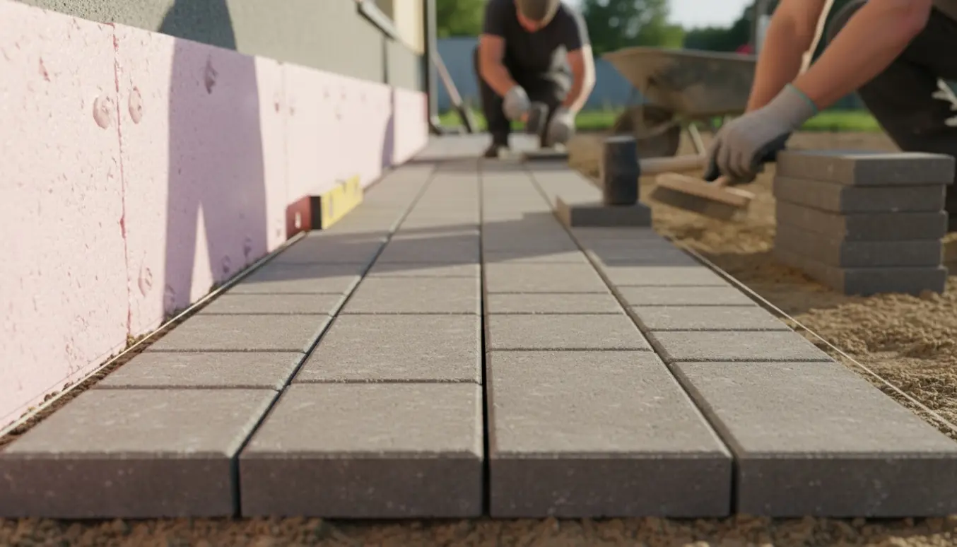 Nærbillede af hænder, der lægger fire rækker betonfliser langs en nyligt isoleret husfundament.