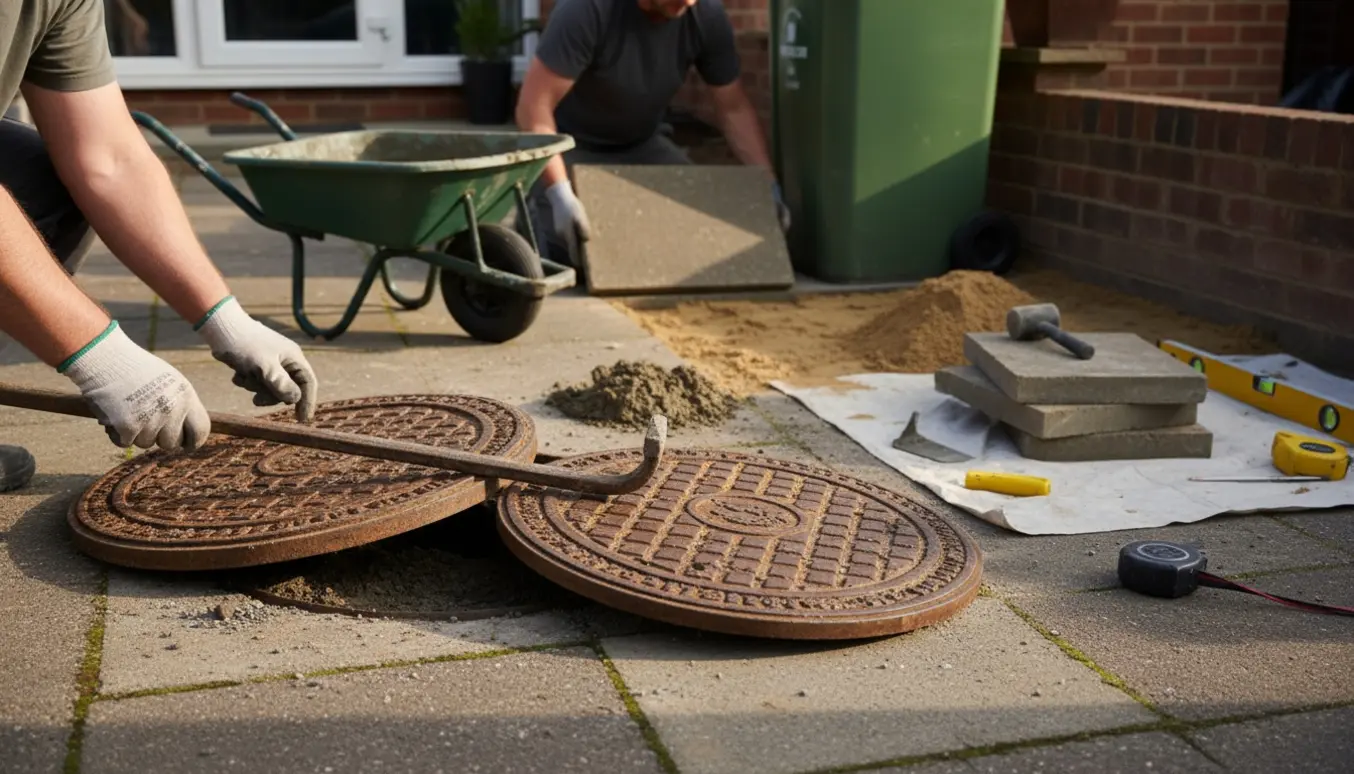 Hævede kloakdæksler i forhaven mens nye store fliser placeres ved siden af skraldespanden.