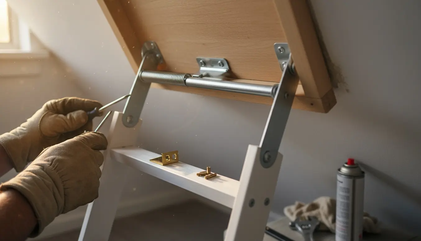Nærbillede af hænder, der justerer lukkemekanismen på en delvist åben loftslem med værktøj på en stige.