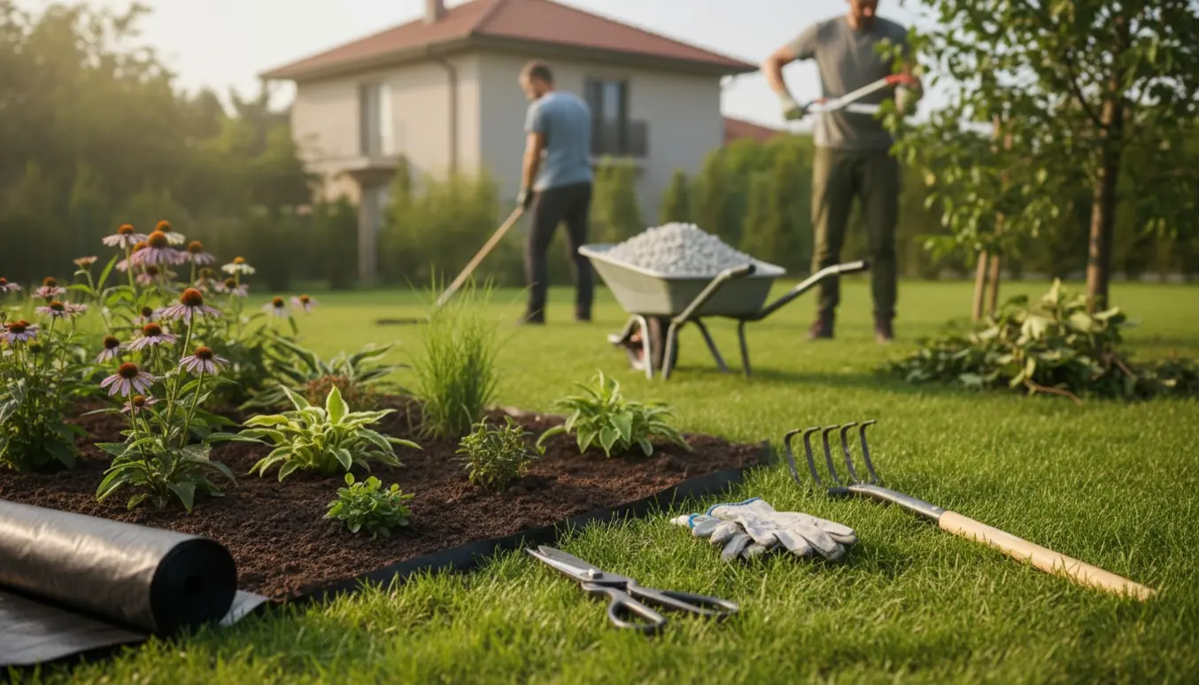 Havemand forbereder bed med ukrudtsdug og skærver, klipper kanter og beskærer træer.