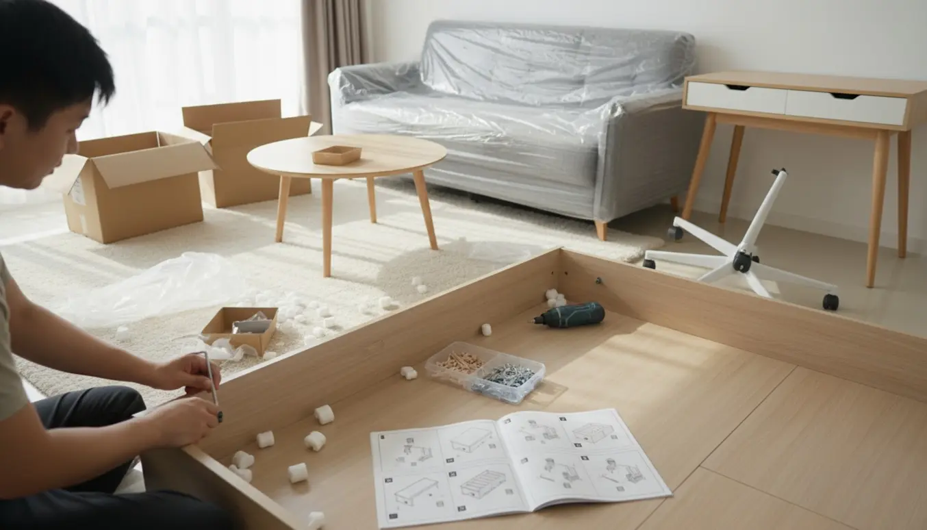 En stue med flade pakkede møbler og hænder, der samler seng, sofa, skrivebord, sofabord og kontorstol med værktøj og instruktioner.