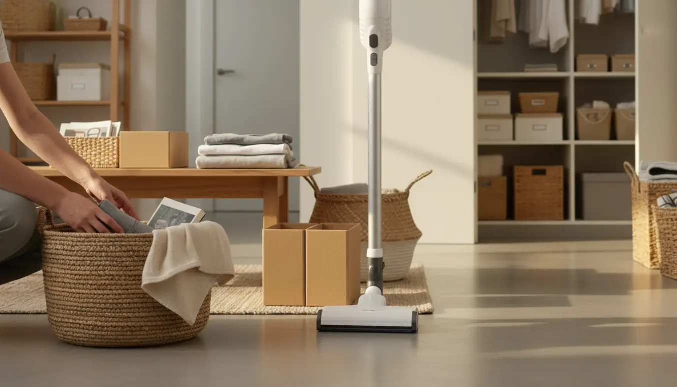 Hænder placerer genstande i en flettet kurv i et lyst, ryddet hjem.