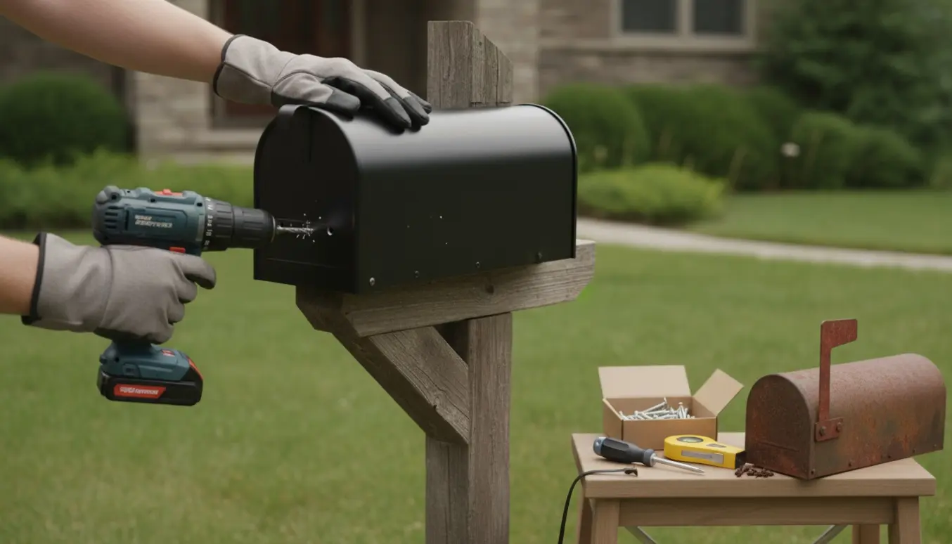 Hænder med boremaskine monterer en ny postkasse på en træpost i forhaven.