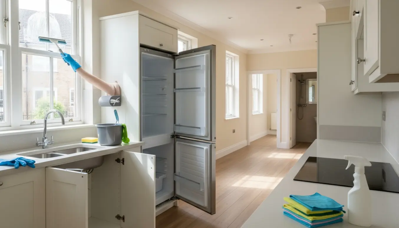 Flytterengøring i rækkehus med skinnende køkkenarmaturer, nyrengjorte skabe og rengøringsudstyr.