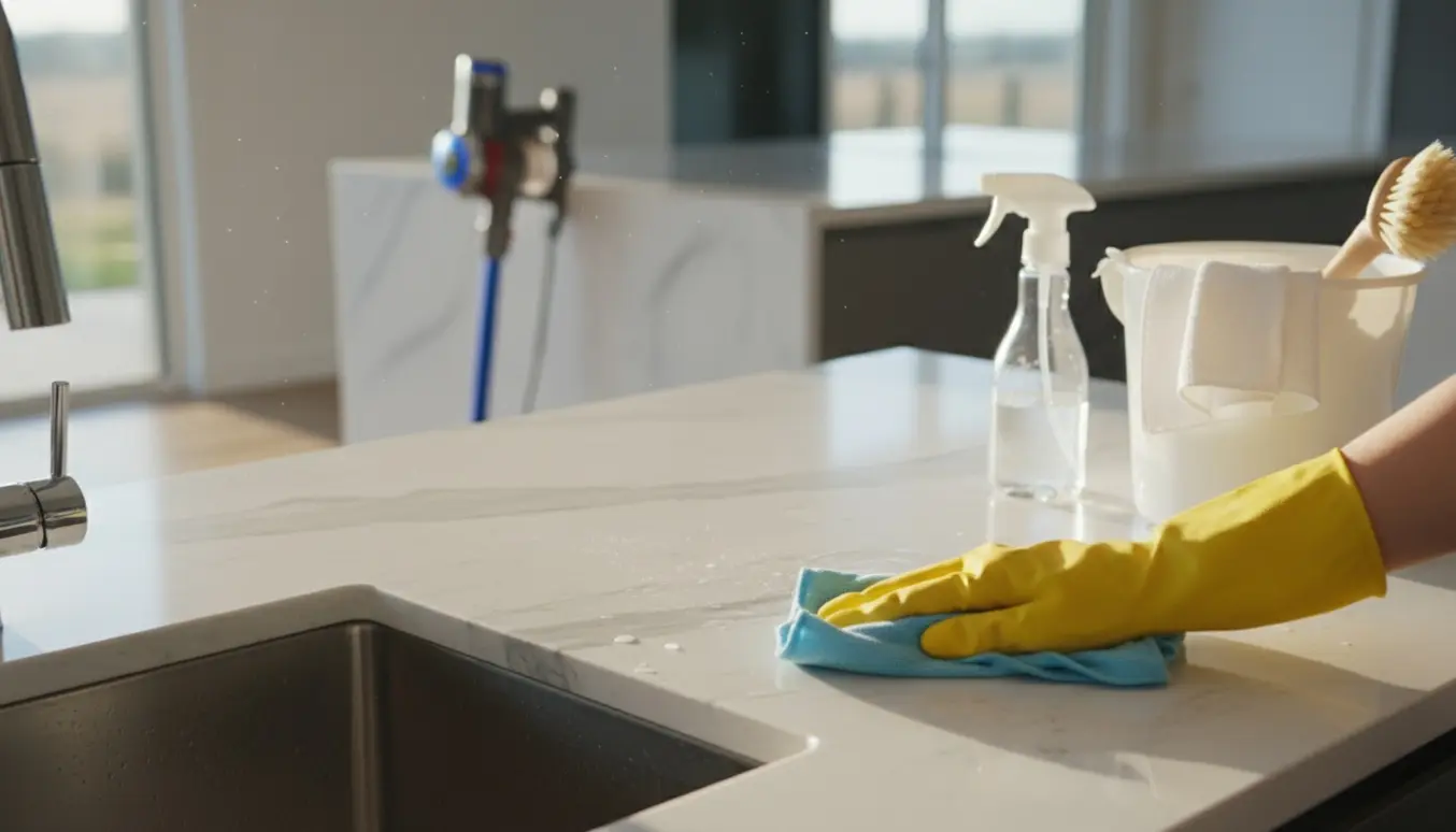 Hænder i gule rengøringshandsker tørrer en køkkenbordplade med en mikrofiberklud i blødt sollys.