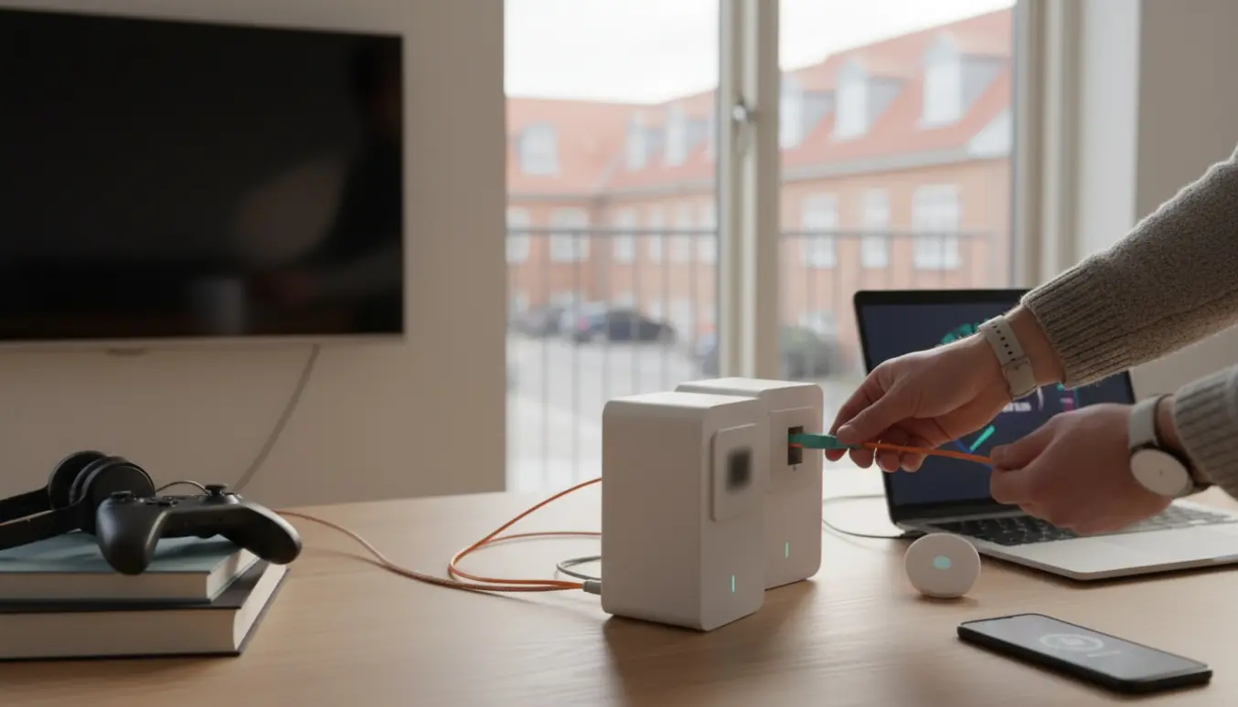 Hænder tilslutter fiberkabel til en ONT/router i en moderne lejlighed med laptop og TV i baggrunden.