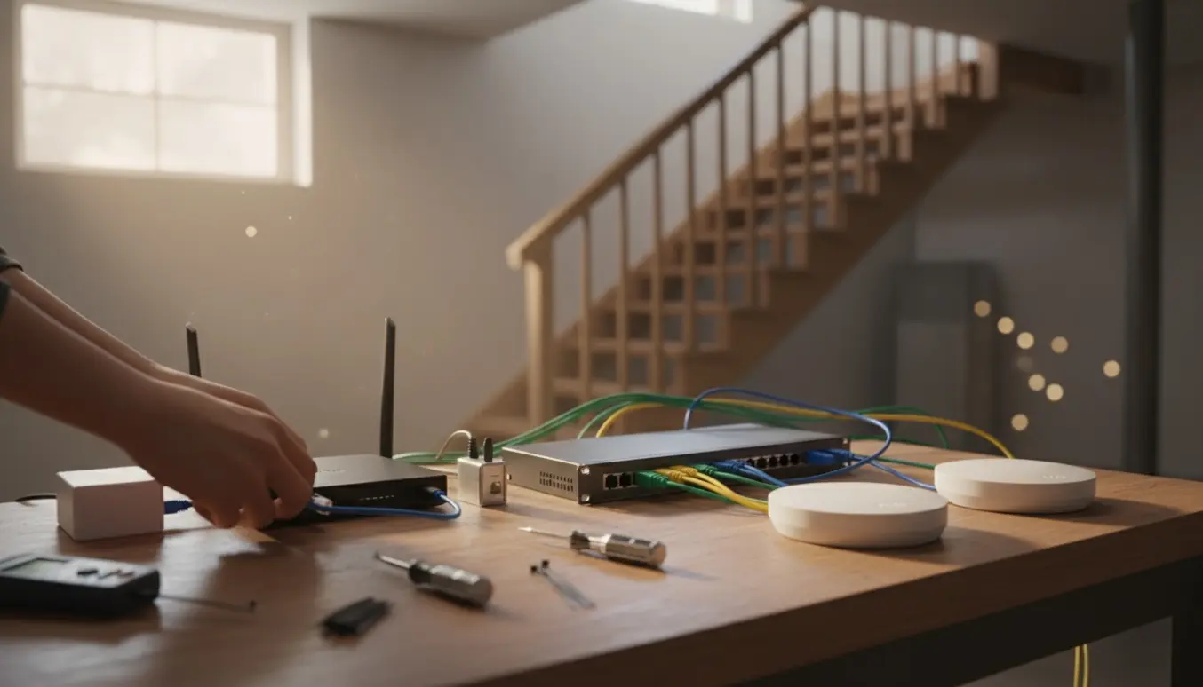 Kælder med hjemme-netværk: PoE-injektor, switch og to hvide trådløse access points klar til opsætning.