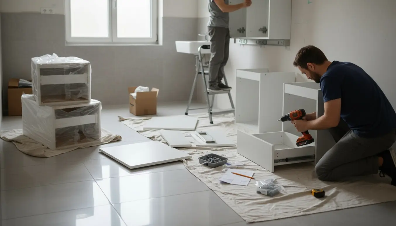 Badeværelse under renovering med hænder, der samler skuffer og monterer et nyt vægskab, mens gamle skabe er fjernet.