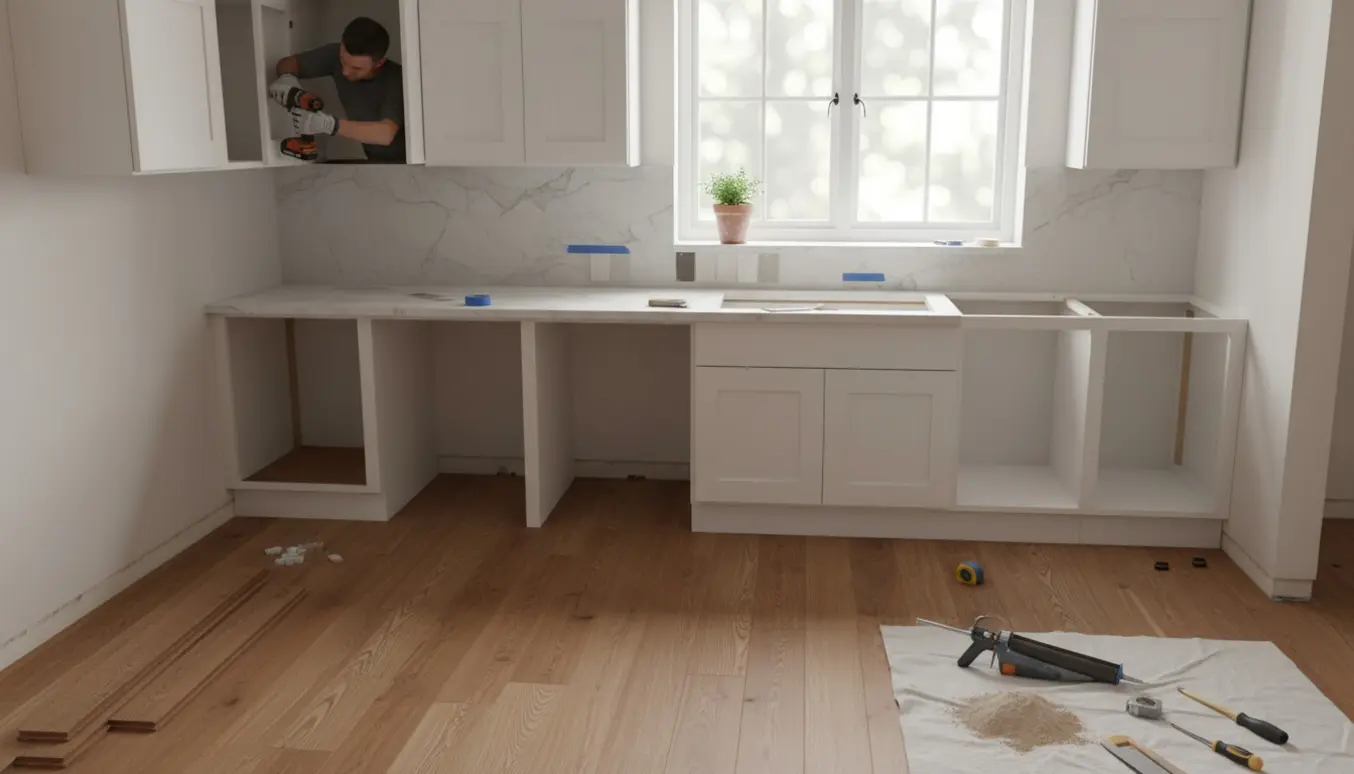 Delvist færdiggjort køkken med nye skabe, nyt gulv og hænder, der monterer en skabslåge.