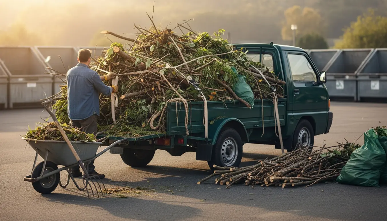 Stor bunke haveaffald læsses på en trailer ved genbrugspladsen, mens en person sikrer læsset.