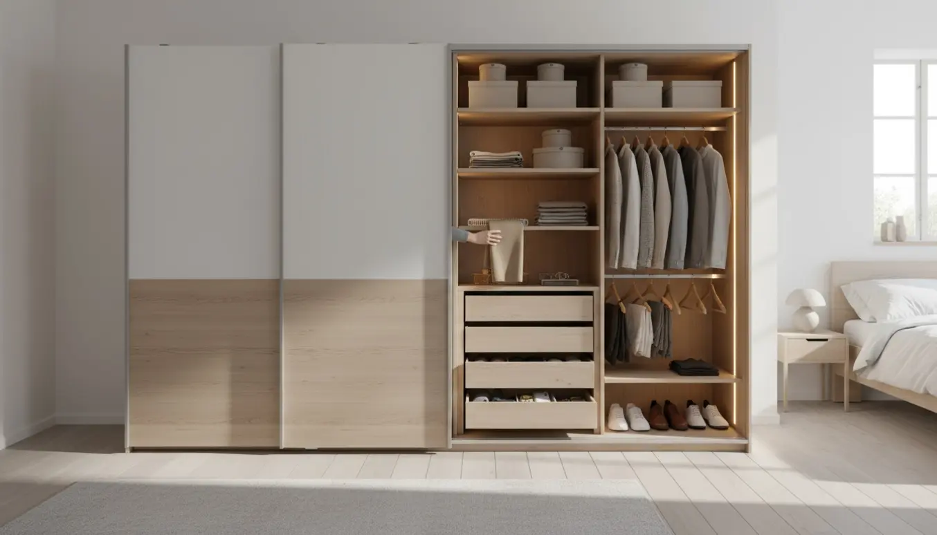 To Danstrup-skumskabe med skydedøre, ét åbent med organiseret indretning af hylder, skuffer og tøj.