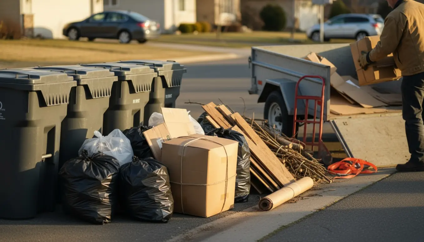 Affaldssække, pap og træ stablet ved fortovet og klar til storskrald.