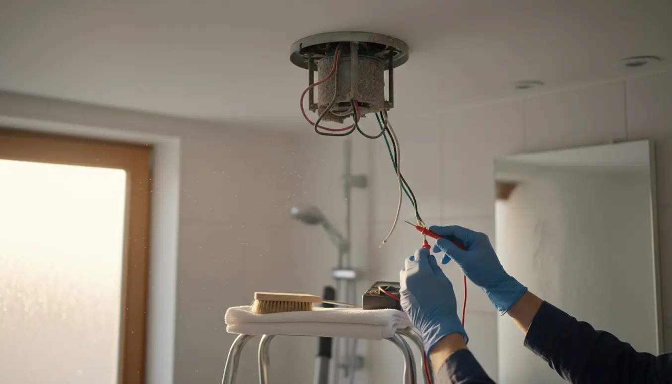 Nærbillede af afmonteret badeværelsesventilator i loftet med værktøj og hænder, der tester og renser den.