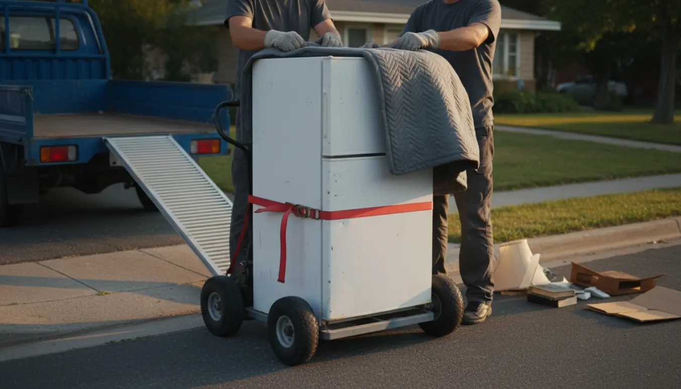 Et brugt køleskab på en dolly sikres med stropper og løftes ind i en varebil ved fortovet.