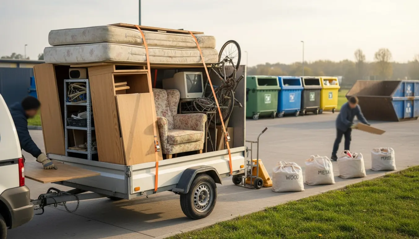 En lille trailer fyldt med storskrald ved en genbrugsstation, hvor personer uden synlige ansigter sorterer ting.