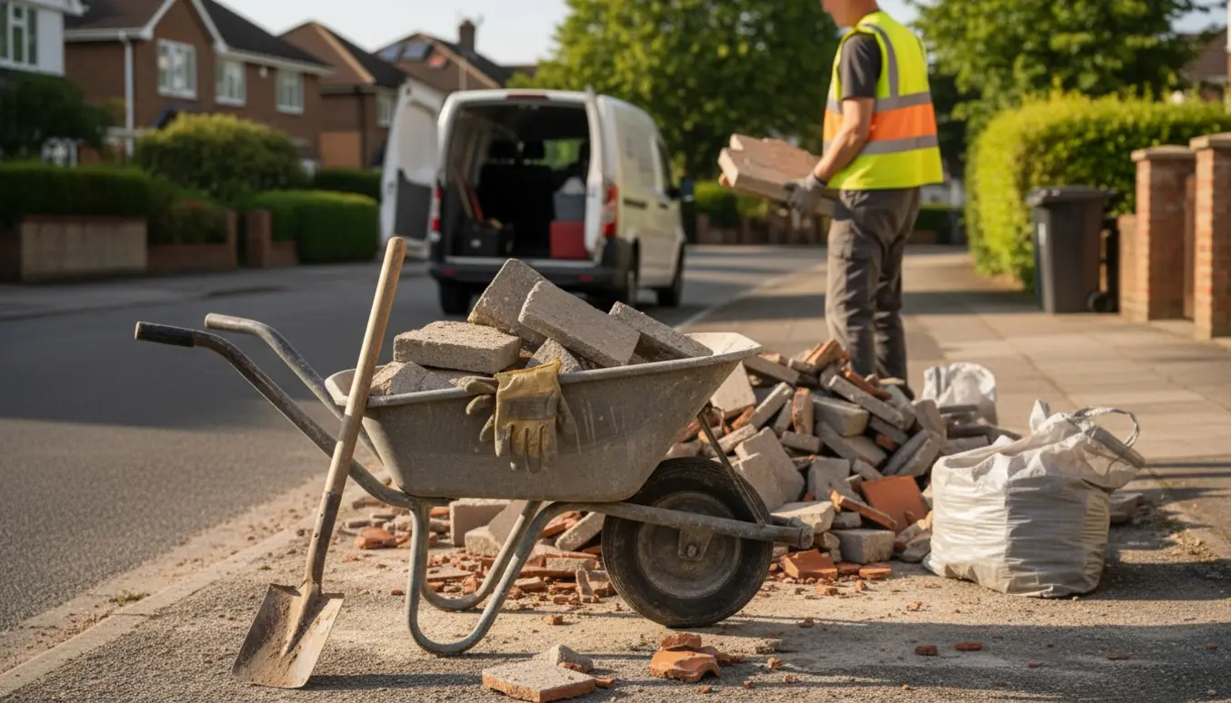 Bunke fliser og betonbrokker ved fortovet med trillebør og værktøj klar til afhentning.