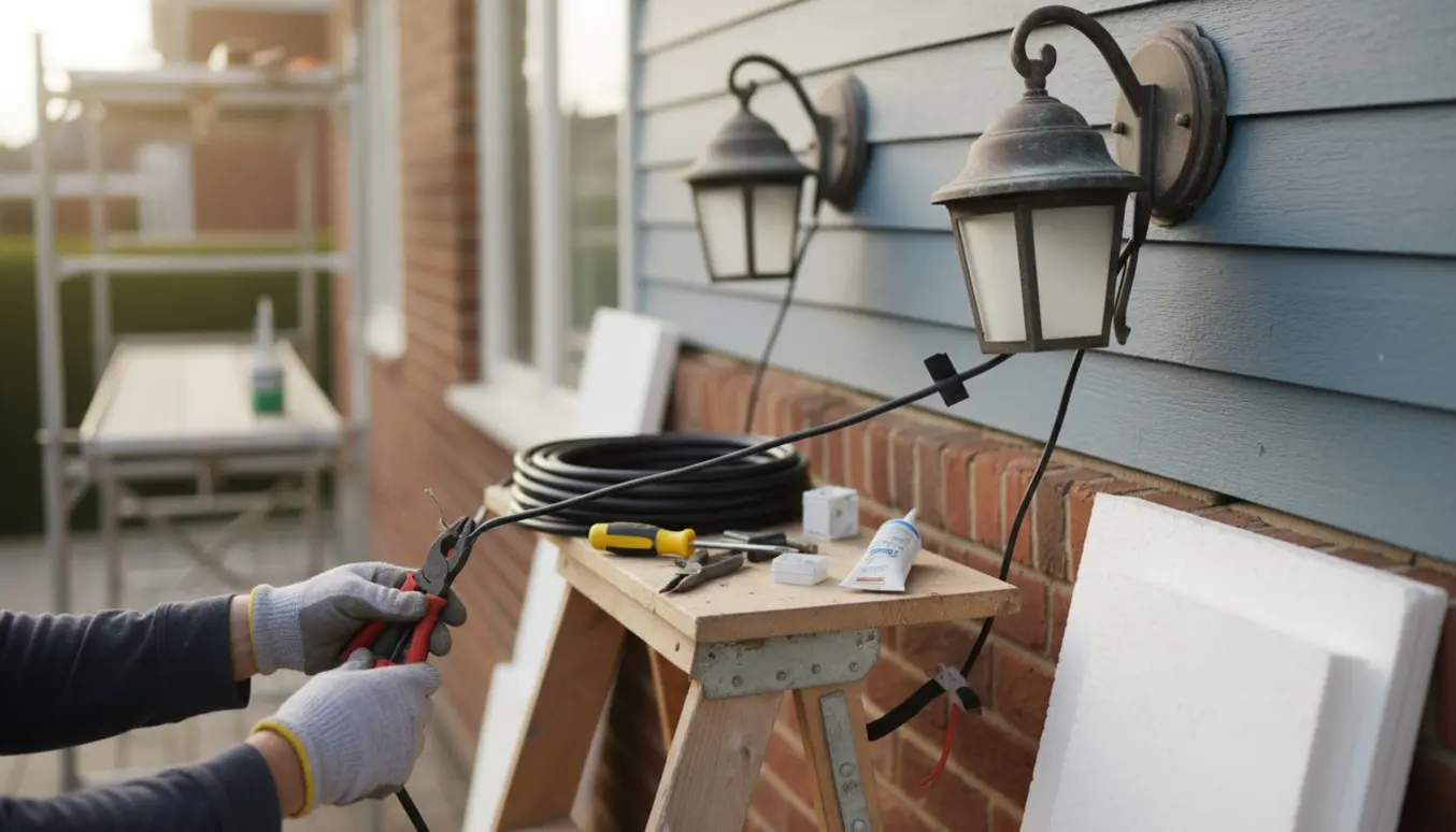Nærbillede af udendørs lamper, blottede ledninger og handskerede hænder, mens kabler forlænges foran en ydervæg klar til isolering.