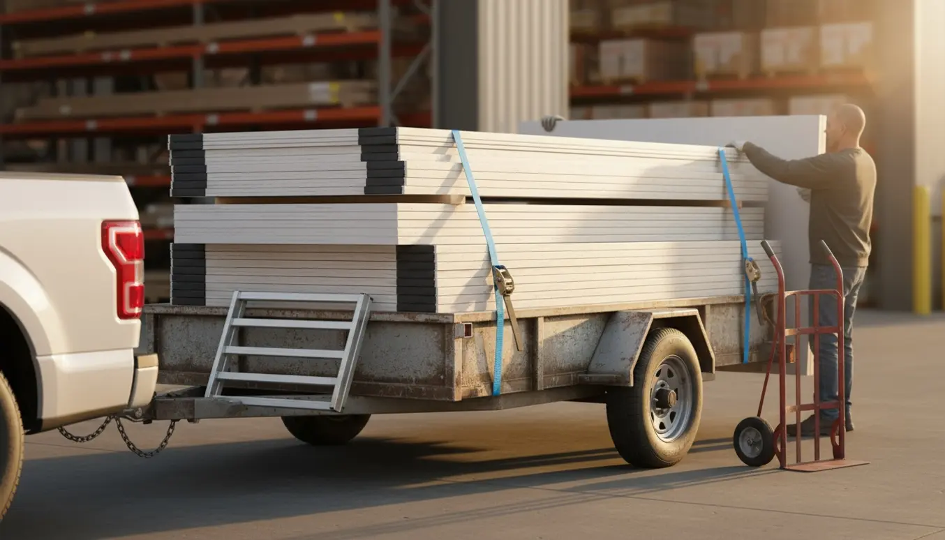 Trailer med stabel gipsplader spændt fast ved en lasteside i blødt eftermiddagslys.