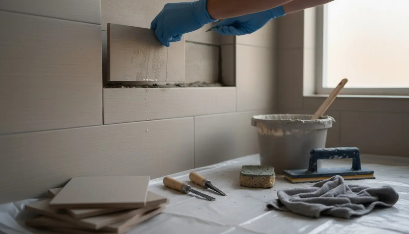 Nærbillede af en bruseniche, hvor fugerne mellem klinkerne udskiftes med en løs klinke, værktøj og ekstra klinker ved siden af.