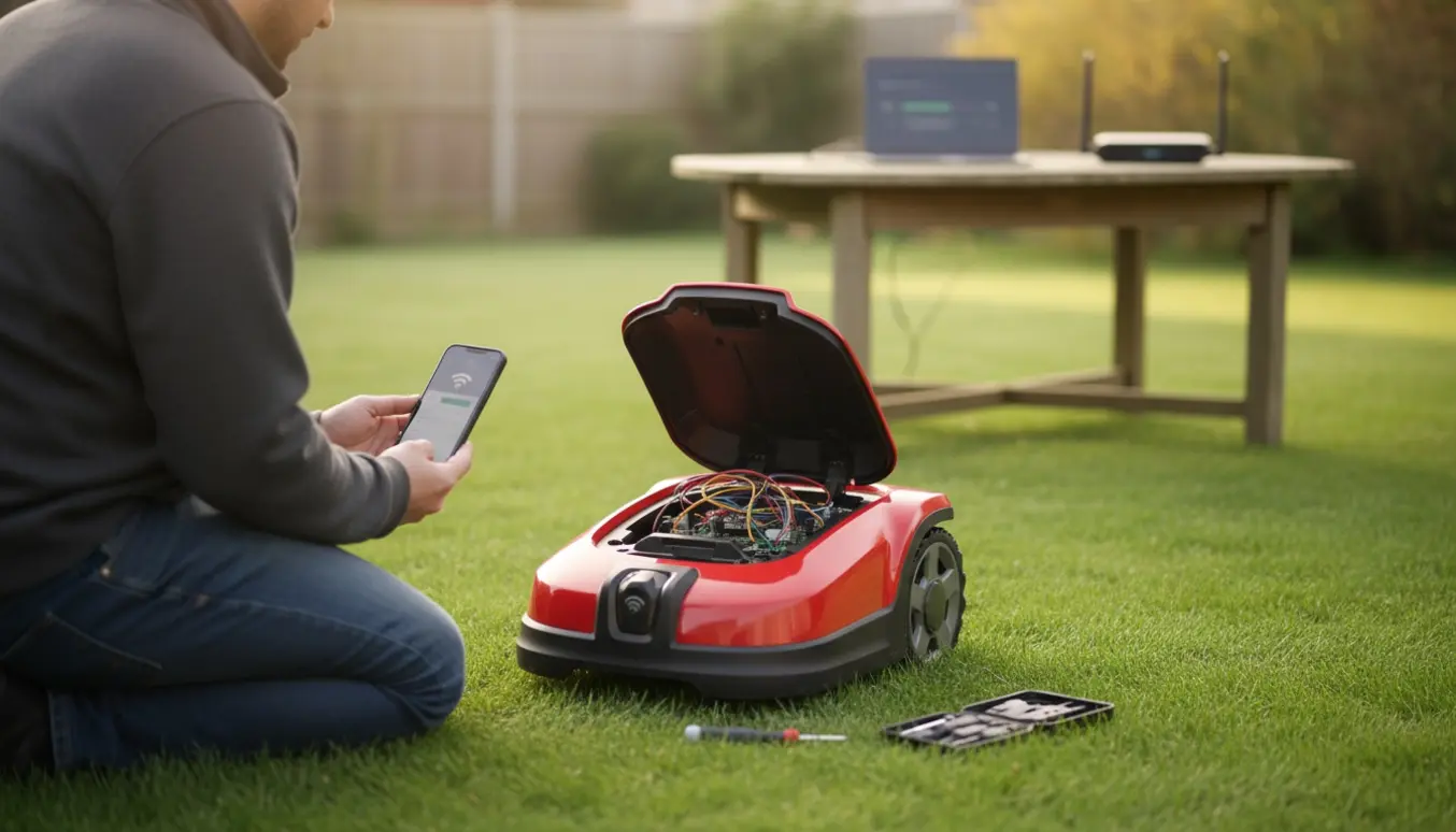 Robottgræsslåmaskine med åben top i en solrig have, en smartphone holdes op til den for wifi-opsætning og firmwareopdatering.