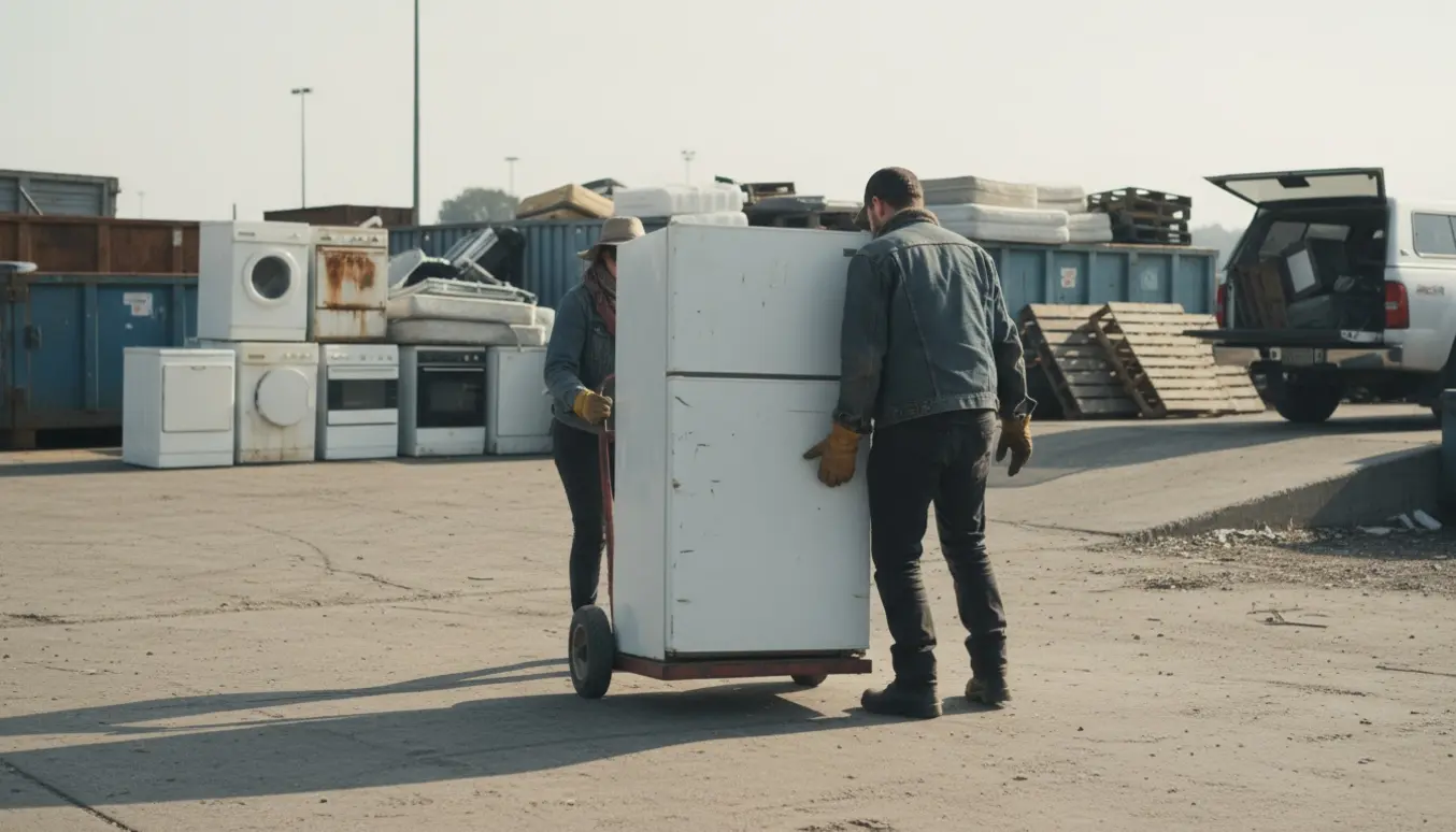To personer bærer et gammelt køleskab ind på en genbrugsplads, set bagfra uden tydelige ansigter.