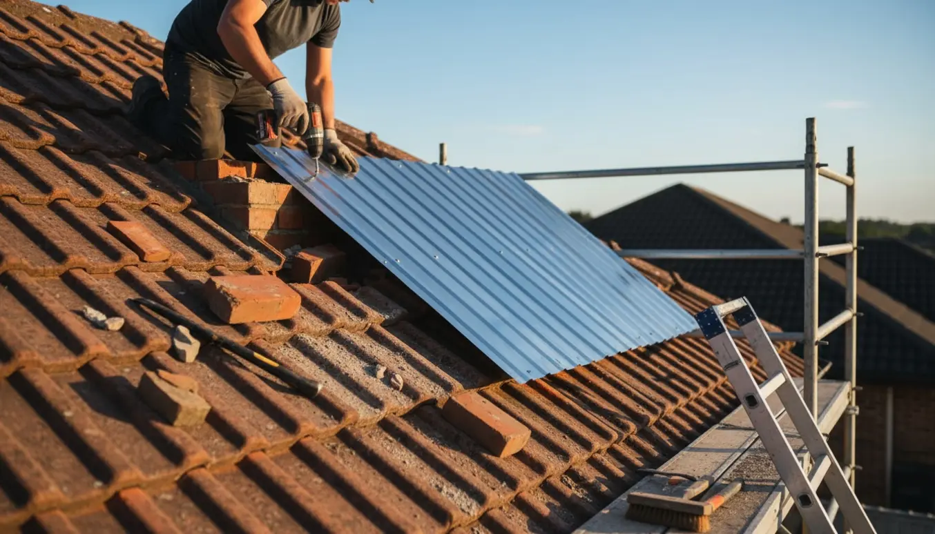 Håndværker monterer ny tagplade over en delvist fjernet skorsten på et solbelyst tag.