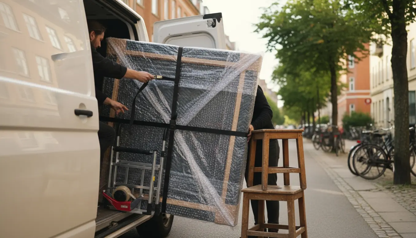 Et stort indpakket maleri og en lille skammel bliver sikret og læsset i en varebil på en stille københavnsk villavej.