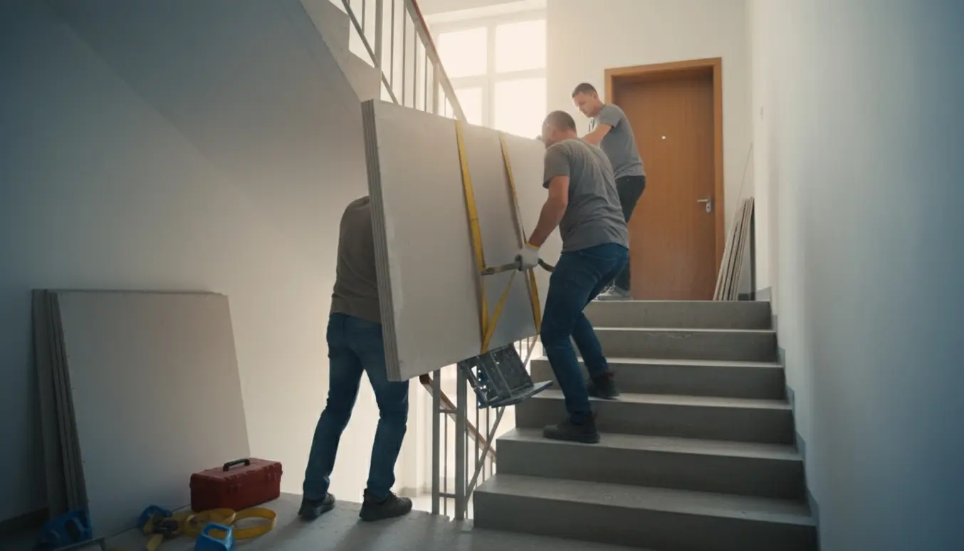 Gipsplader bæres op ad en opgangstrappe mod femte sal, to personer ses bagfra med handsker og en flyttevogn.