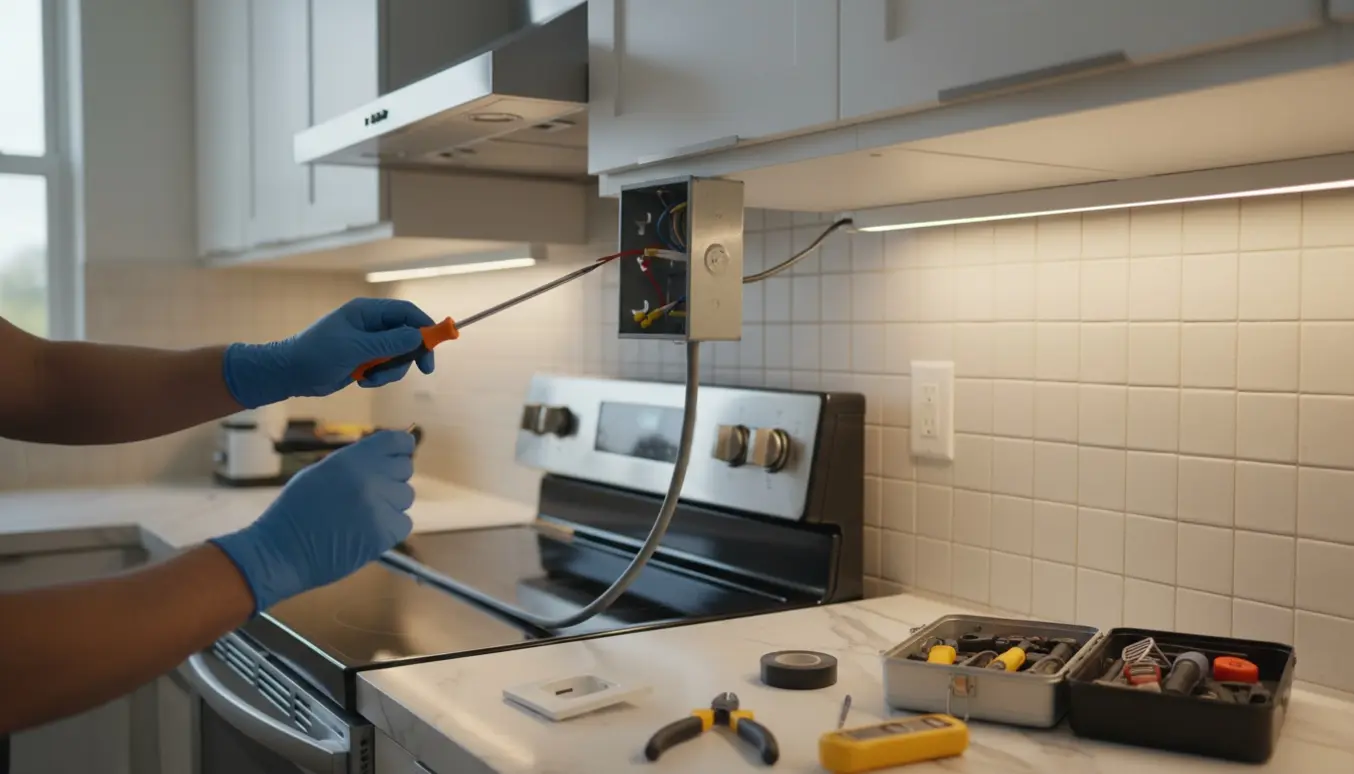 Nærbillede af hænder, der monterer en stikkontakt og tilslutter emhætte, ovn og underskabsbelysning i et moderne køkken.