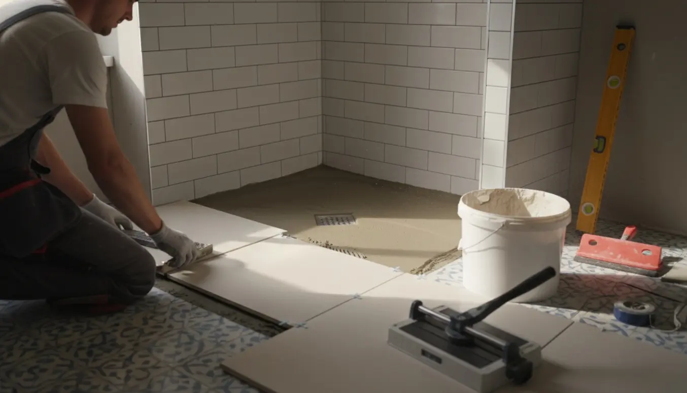 Renovering af badeværelse med nye fliser lagt ovenpå gamle, håndværker sætter flise i brusekabine med korrekt fald mod afløb.