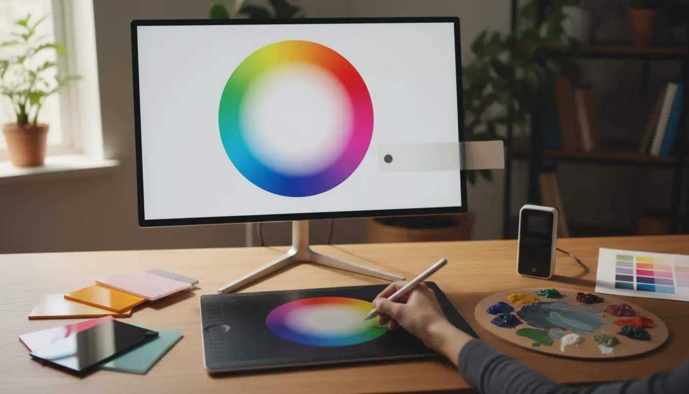 Nærbillede af et arbejdsbord med farvehjul på skærm, tegneplade, farveprøver og transparente fliser, der viser HSVA-farvevalg.