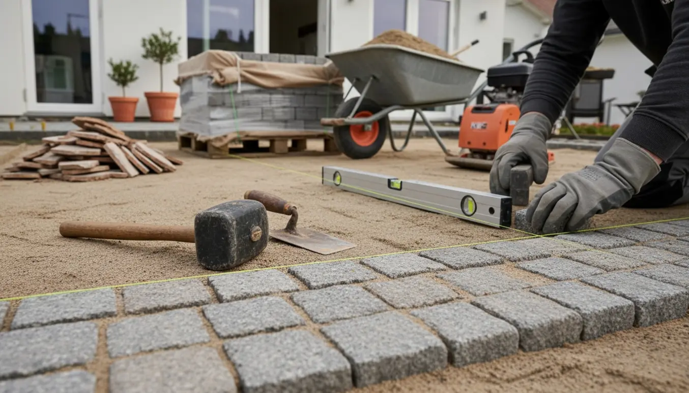Delvis færdig terrasse med 9×9 cm chaussesten lagt på sandbund, værktøj og stak nye sten ved siden af.