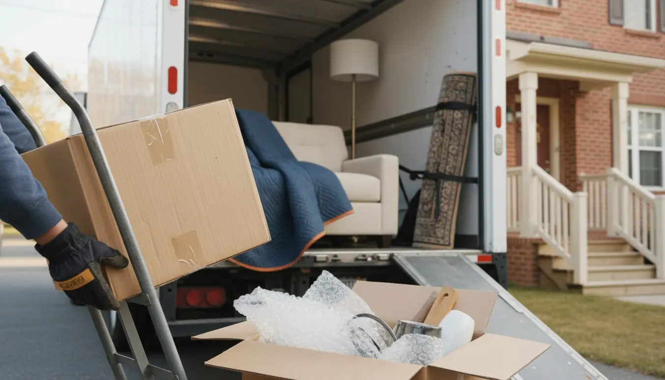 Hænder læsser papkasser og flytteudstyr i en åben flyttevogn på en solrig indkørsel.