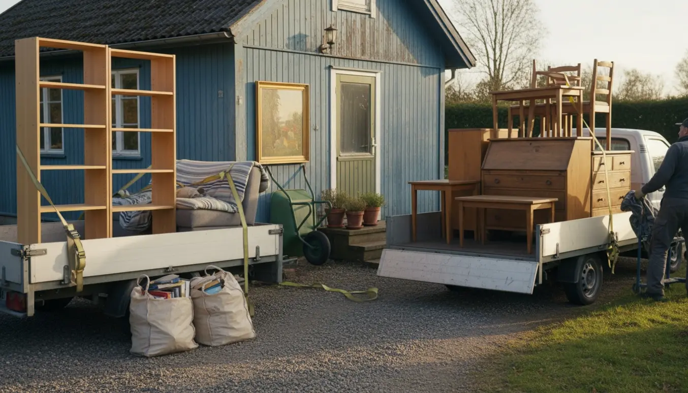 Møbler fra en kolonihave bliver lastet på trailer ved et lille kolonihavehus.