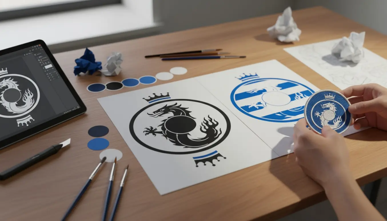 Arbejdsbord med trykte udkast til Lindormen-emblem vendt modsat og varianter med sorte og blå/hvide flammer.