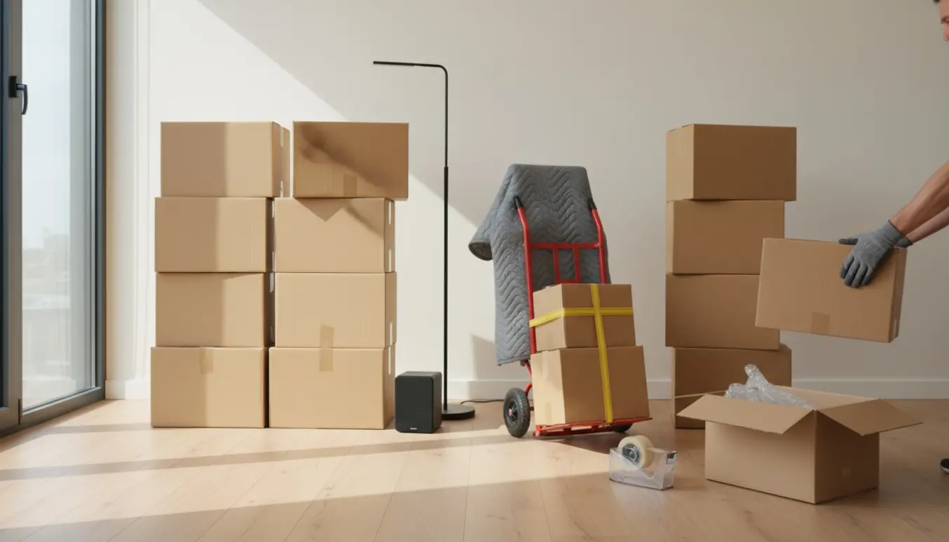 Omkring seksten flyttekasser i en lys lejlighed med en højttaler og en standerlampe klar til flytning.