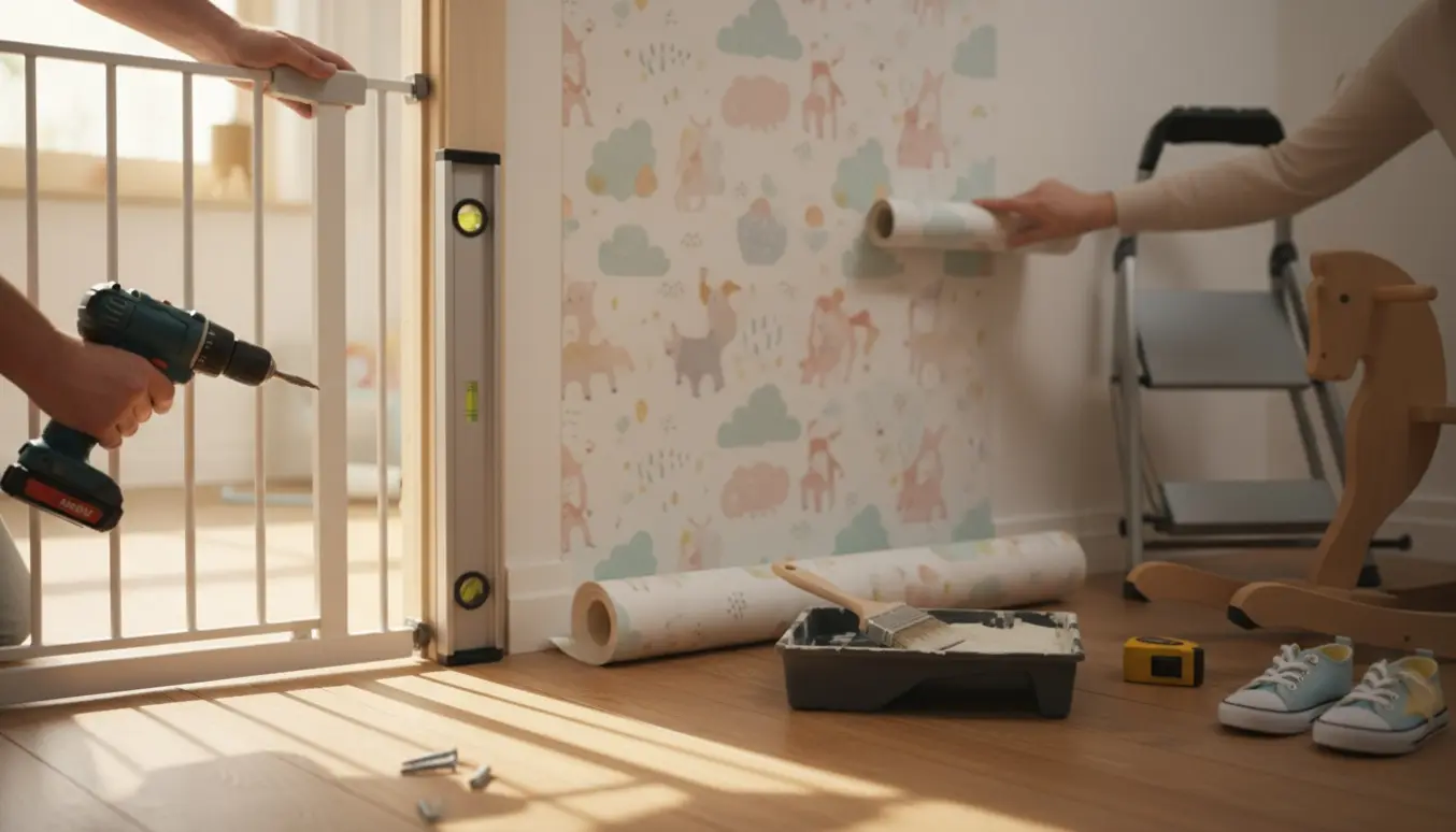 Hænder monterer et børnegitter i et soloplyst børneværelse med tapet og værktøj.