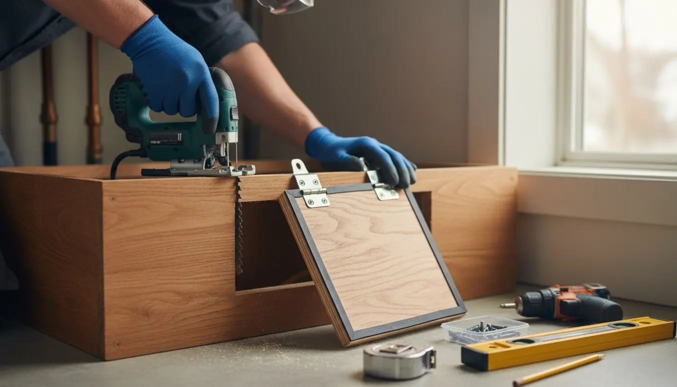 Håndværkerens hænder monterer en hængslet lem i et udskåret hul i en træboks ved en vandmåler.