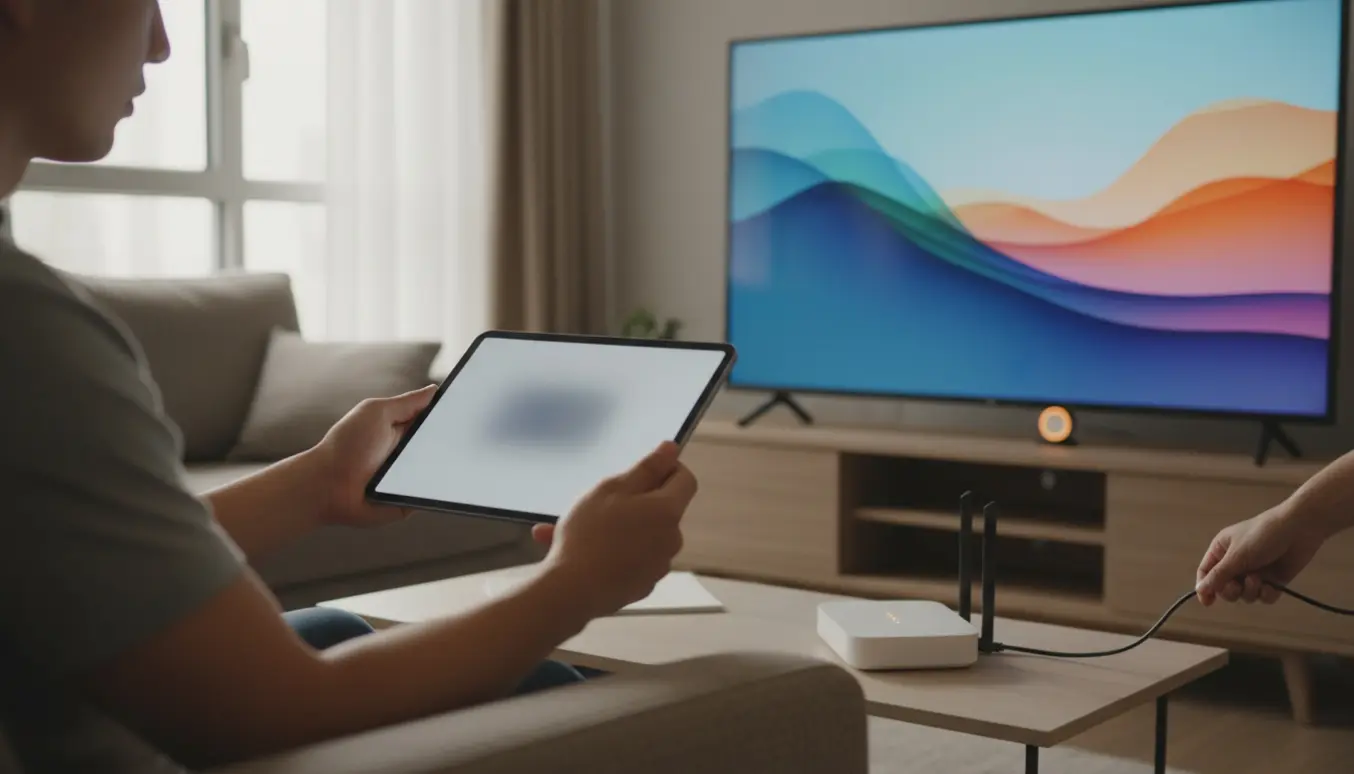 Hænder holder en tablet mod et fjernsyn med en Chromecast-dongle og en router i baggrunden.