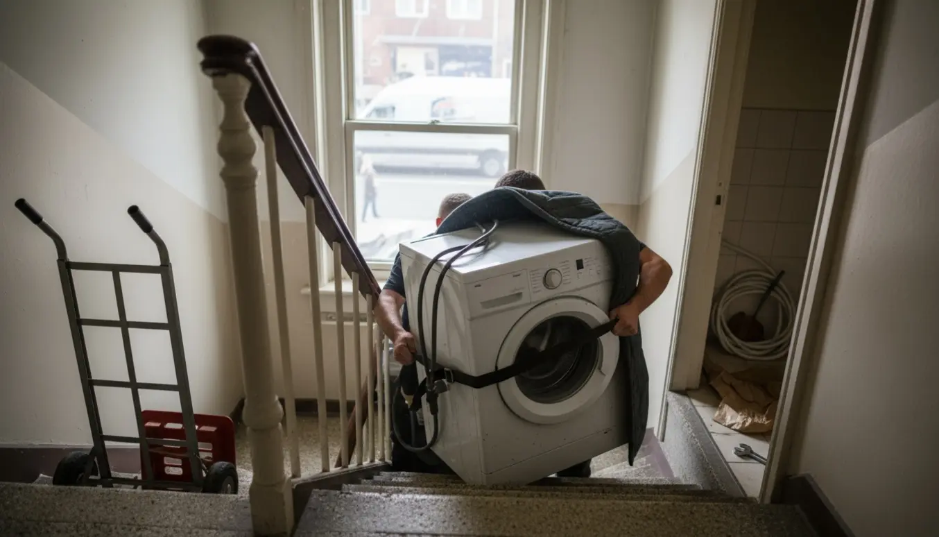 To flyttefolk bærer en vaskemaskine ned ad en smal trappe uden elevator med flyttetæpper og værktøj.