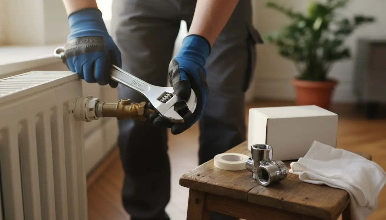 Nærbillede af hænder, der udskifter en radiatorventil med ny ventil og værktøj lagt på en skammel ved siden af.