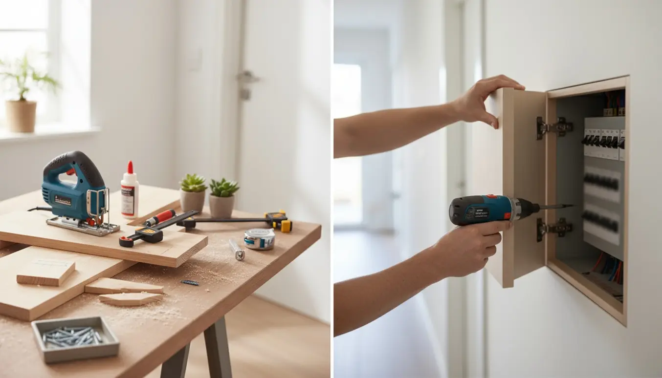 Hænder monterer et slankt vægskab for at skjule en el-tavle med værktøj og hjemmelavede skabedele i baggrunden.