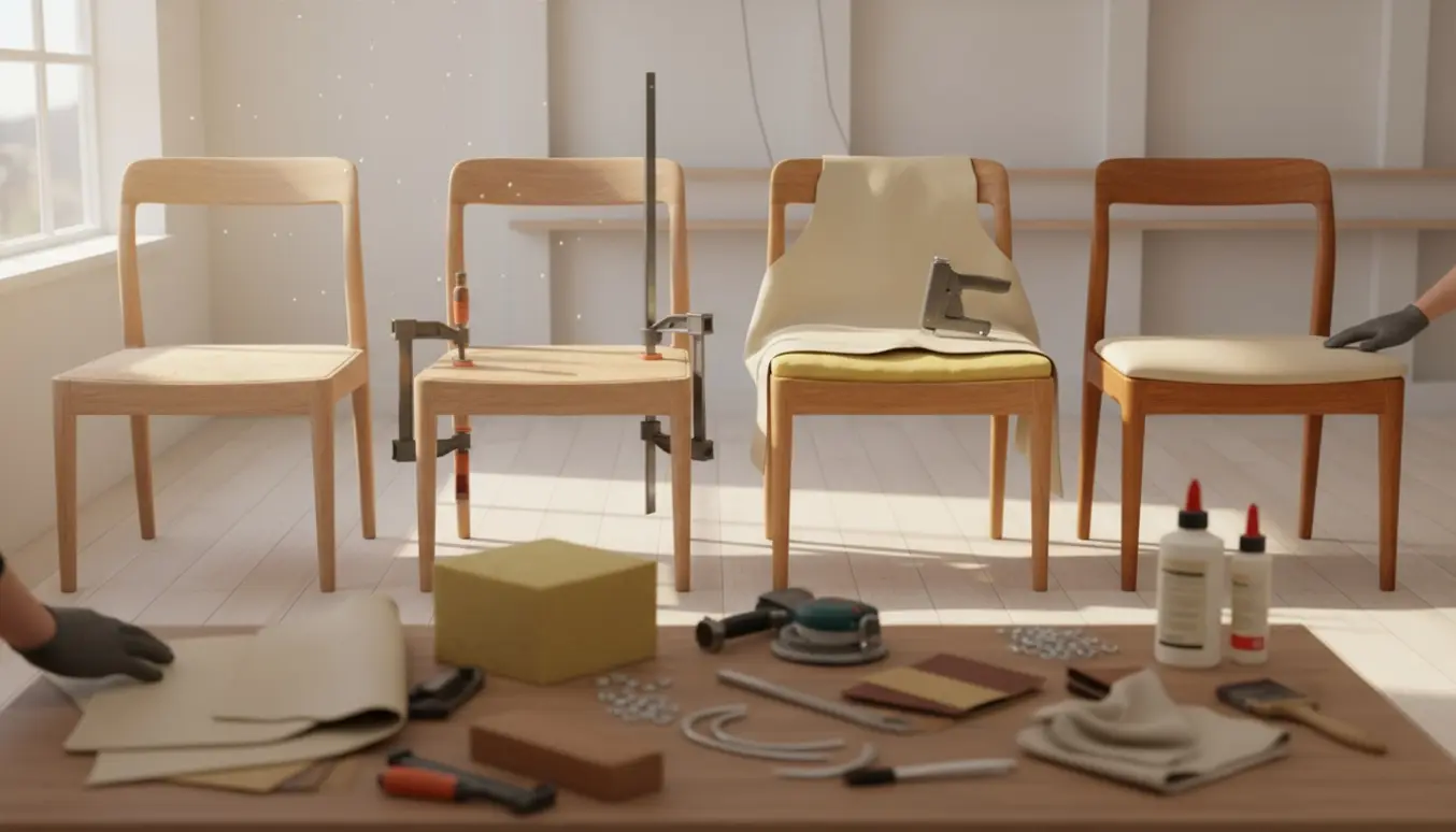 Fire træstole under istandsættelse med nappa-sæder, klemmer, sandpapir og poleringsklud i et lyst værksted.