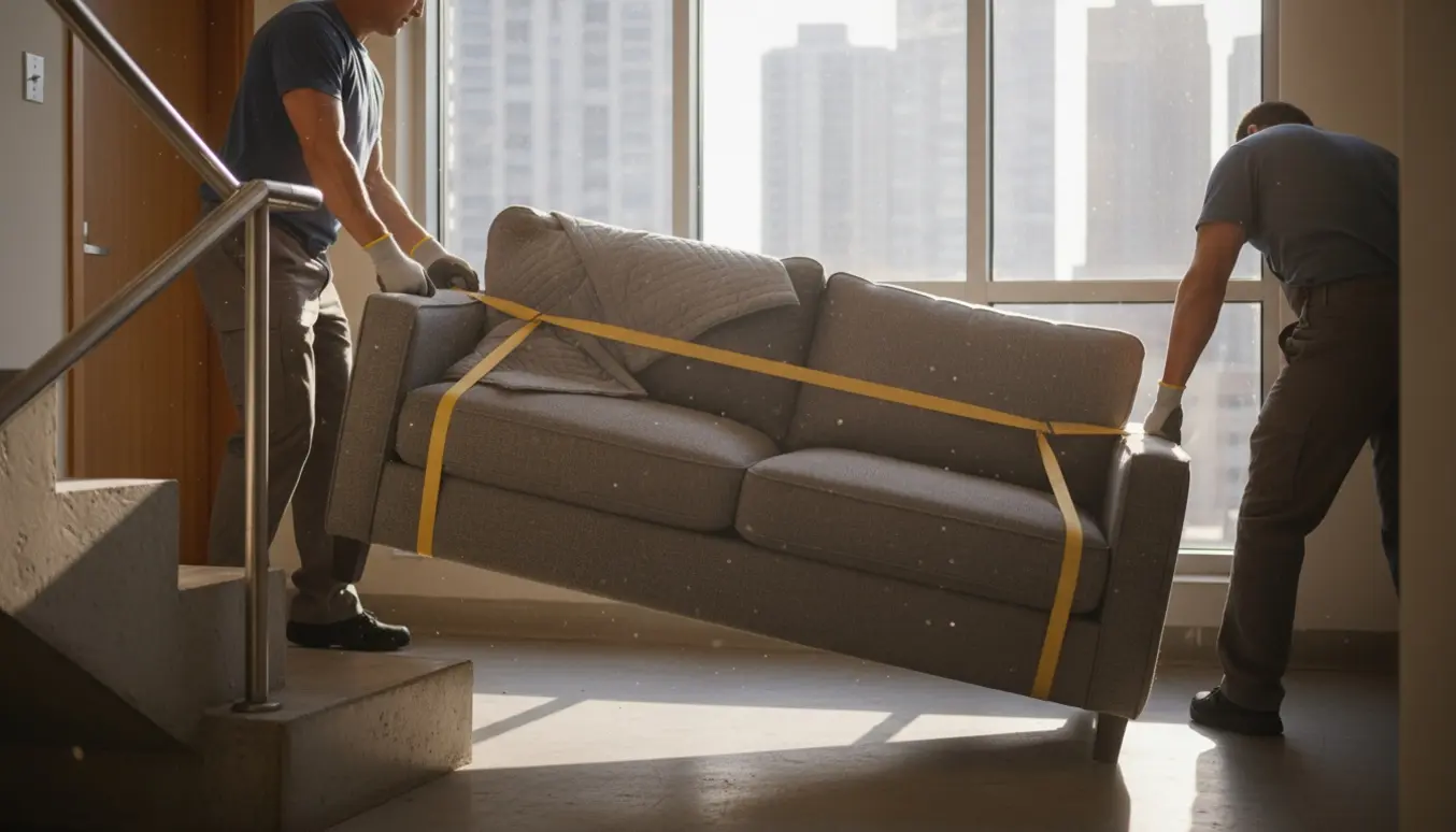 To personer bærer en topersoners sofa op ad en trappe i en høj bygning.