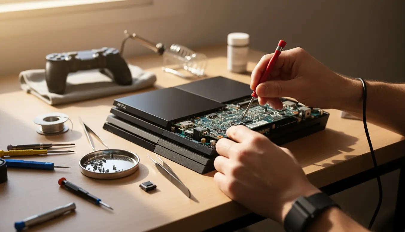 Hænder reparerer en PS4-konsol på et arbejdsbord med præcisionsværktøj og reservedele.